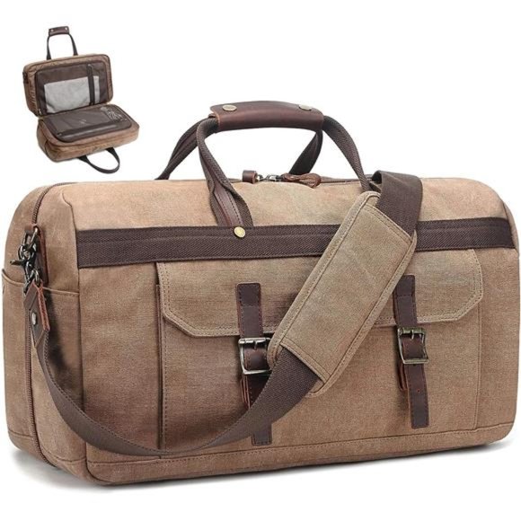 Canvas Travel Duffel Bags Genuine Leather Duffle Bag Lay-Flat Large Carry On Bag